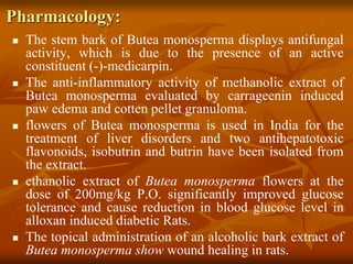 Pharmacology:
 The stem bark of Butea monosperma displays antifungal
activity, which is due to the presence of an active
constituent (-)-medicarpin.
 The anti-inflammatory activity of methanolic extract of
Butea monosperma evaluated by carrageenin induced
paw edema and cotten pellet granuloma.
 flowers of Butea monosperma is used in India for the
treatment of liver disorders and two antihepatotoxic
flavonoids, isobutrin and butrin have been isolated from
the extract.
 ethanolic extract of Butea monosperma flowers at the
dose of 200mg/kg P.O. significantly improved glucose
tolerance and cause reduction in blood glucose level in
alloxan induced diabetic Rats.
 The topical administration of an alcoholic bark extract of
Butea monosperma show wound healing in rats.
 