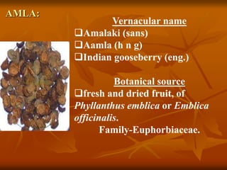 AMLA:
Vernacular name
Amalaki (sans)
Aamla (h n g)
Indian gooseberry (eng.)
Botanical source
fresh and dried fruit, of
Phyllanthus emblica or Emblica
officinalis.
Family-Euphorbiaceae.
 