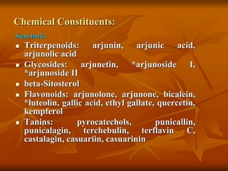 Chemical Constituents:
Stem bark:
 Triterpenoids: arjunin, arjunic acid,
arjunolic acid
 Glycosides: arjunetin, *arjunoside I,
*arjunoside II
 beta-Sitosterol
 Flavonoids: arjunolone, arjunone, bicalein,
*luteolin, gallic acid, ethyl gallate, quercetin,
kempferol
 Tanins: pyrocatechols, punicallin,
punicalagin, terchebulin, terflavin C,
castalagin, casuariin, casuarinin
 