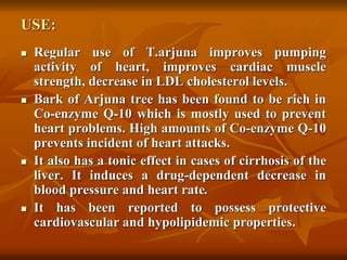 USE:
 Regular use of T.arjuna improves pumping
activity of heart, improves cardiac muscle
strength, decrease in LDL cholesterol levels.
 Bark of Arjuna tree has been found to be rich in
Co-enzyme Q-10 which is mostly used to prevent
heart problems. High amounts of Co-enzyme Q-10
prevents incident of heart attacks.
 It also has a tonic effect in cases of cirrhosis of the
liver. It induces a drug-dependent decrease in
blood pressure and heart rate.
 It has been reported to possess protective
cardiovascular and hypolipidemic properties.
 