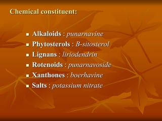 Chemical constituent:
 Alkaloids : punarnavine
 Phytosterols : B-sitosterol
 Lignans : liriodendrin
 Rotenoids : punarnavoside
 Xanthones : boerhavine
 Salts : potassium nitrate
 