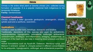 Chirata is the entire dried plant of Swertia chirata Linn. collected during
formation of capsules. It is a popular medicinal herb indigenous to the
temperate Himalayas.
Family: Gentianaceae
Chemical Constituents:
Chirata contains a bitter glycoside gentiopicrin: amarogentin, chiratin,
ophelic acid and a xanthone, swerchirin..
Chirata is used as bitter tonic, ferbrifuge, stomachic and laxative.
Traditionally, decoctions of this species are used for anthelmintic,
hepatoprotective, hypoglycemic, antimalarial, antifungal, antibacterial,
cardiostimulant, antifatigue, anti-inflammatory, antiaging, antidiarrheal, as
protectant of the heart and also help in lowering blood pressure and blood
sugar.
Herbal formulations such as Ayush-64, Diabecon, Mensturyl syrup, and
Melicon V ointment contain S. chirayita extract in different concentrations
for its antipyretic, hypoglycaemic, antifungal, and antibacterial properties.
Chirata
M
d
.
I
m
r
a
n
N
u
r
M
a
n
i
k
 