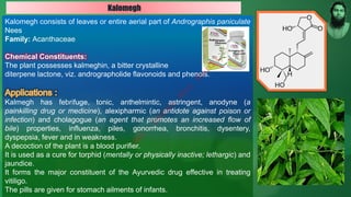 Kalomegh consists of leaves or entire aerial part of Andrographis paniculate
Nees
Family: Acanthaceae
Chemical Constituents:
The plant possesses kalmeghin, a bitter crystalline
diterpene lactone, viz. andrographolide flavonoids and phenols.
Kalmegh has febrifuge, tonic, anthelmintic, astringent, anodyne (a
painkilling drug or medicine), alexipharmic (an antidote against poison or
infection) and cholagogue (an agent that promotes an increased flow of
bile) properties, influenza, piles, gonorrhea, bronchitis, dysentery,
dyspepsia, fever and in weakness.
A decoction of the plant is a blood purifier.
It is used as a cure for torphid (mentally or physically inactive; lethargic) and
jaundice.
It forms the major constituent of the Ayurvedic drug effective in treating
vitiligo.
The pills are given for stomach ailments of infants.
Kalomegh
M
d
.
I
m
r
a
n
N
u
r
M
a
n
i
k
 