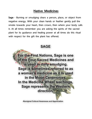 Native Medicines
Sage - Burning or smudging clears a person, place, or object from
negative energy. With your clean hands or feather gently pull the
smoke towards your heart, then crown, then where your body calls
it. At all times remember you are asking the spirits of the sacred
plant for its guidance and healing power at all times do this ritual
with respect for the gift the plant has offered.
 