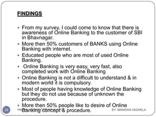 FINDINGS

      From my survey, I could come to know that there is
        awareness of Online Banking to the customer of...