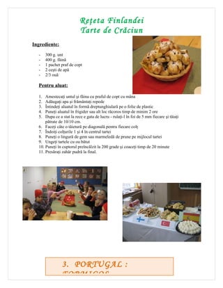 Reţeta Finlandei
                           Tarte de Crăciun
Ingrediente:

  -    300 g. unt
  -    400 g. făină
  -    1 pachet praf de copt
  -    2 ceşti de apă
  -    2/3 ouă

  Pentru aluat:

  1.  Amestecaţi untul şi făina cu praful de copt cu mâna
  2.  Adăugaţi apa şi frământaţi repede
  3.  Întindeţi aluatul în formă dreptunghiulară pe o folie de plastic
  4.  Puneţi aluatul în frigider sau alt loc răcoros timp de minim 2 ore
  5.  Dupa ce a stat la rece e gata de lucru - rulaţi-l în foi de 5 mm fiecare şi tăiaţi
      pătrate de 10/10 cm.
  6. Faceţi câte o tăietură pe diagonală pentru fiecare colţ
  7. Îndoiţi colţurile 1 şi 4 în centrul tartei
  8. Puneţi o lingură de gem sau marmeledă de prune pe mijlocul tartei
  9. Ungeţi tartele cu ou bătut
  10. Puneţi în cuptorul preîncălzit la 200 grade şi coaceţi timp de 20 minute
  11. Presăraţi zahăr pudră la final.




                3. PORTUGAL :
                FORMIGOS
 