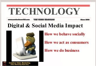 TECHNOLOGY
www.newhorizons123.com

THE VIDEO MAGICIAN

Since 2008

Digital & Social Media Impact
How we behave socially
How we act as consumers

How we do business

 
