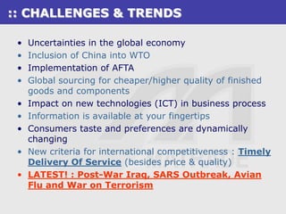 :: CHALLENGES & TRENDS

 •    Uncertainties in the global economy
 •    Inclusion of China into WTO
 •    Implementation of AFTA
 •    Global sourcing for cheaper/higher quality of finished
      goods and components
 •    Impact on new technologies (ICT) in business process
 •    Information is available at your fingertips
 •    Consumers taste and preferences are dynamically
      changing
 •    New criteria for international competitiveness : Timely
      Delivery Of Service (besides price & quality)
 •    LATEST! : Post-War Iraq, SARS Outbreak, Avian
      Flu and War on Terrorism
     MTIB, KPPK         Sistem Maklumat Pasaran &         1
                               Antarabangsa
 