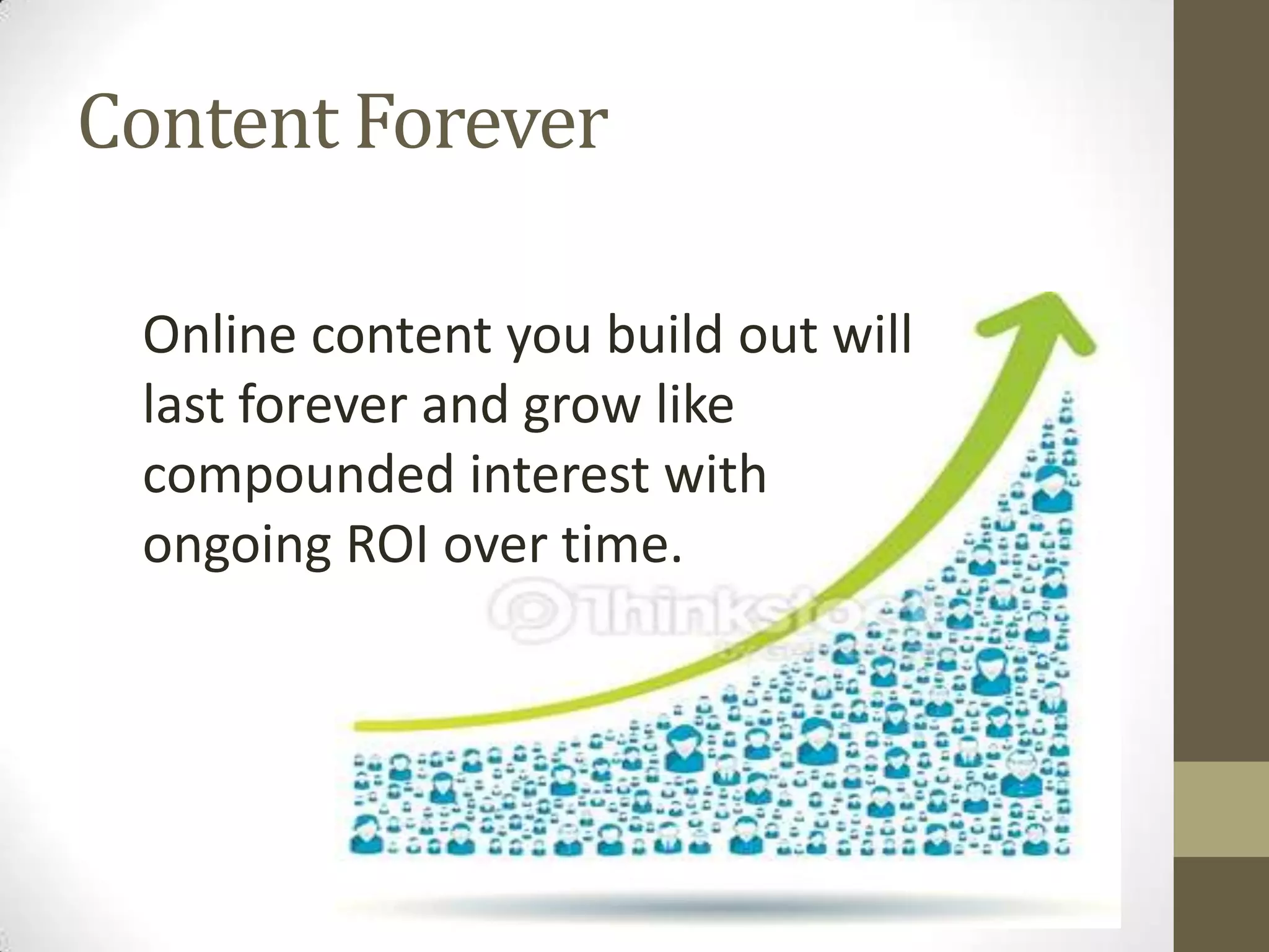 Content Forever
Online content you build out will
last forever and grow like
compounded interest with
ongoing ROI over time.
 