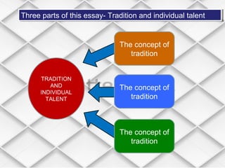 Three parts of this essay- Tradition and individual talentThree parts of this essay- Tradition and individual talent
TRADITION
AND
INDIVIDUAL
TALENT
The concept of
tradition
The concept of
tradition
The concept of
tradition
 