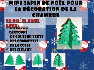 Mini sapin de Noël pour
la décoration de la
chambre

Ce qu`il vous
faut :
 Du papier

Du papier
cartonné
de couleur verte
 Des gommettes
 De la colle
 Des ciseaux

 