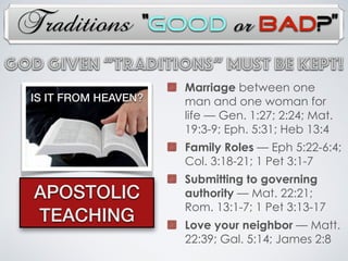 Traditions
IS IT FROM HEAVEN?
APOSTOLIC
TEACHING
Marriage between one
man and one woman for
life — Gen. 1:27; 2:24; Mat.
19:3-9; Eph. 5:31; Heb 13:4
Family Roles — Eph 5:22-6:4;
Col. 3:18-21; 1 Pet 3:1-7
Submitting to governing
authority — Mat. 22:21;
Rom. 13:1-7; 1 Pet 3:13-17
Love your neighbor — Matt.
22:39; Gal. 5:14; James 2:8
God Given “TRADITIONs” Must Be Kept!
“Good or Bad?”
 