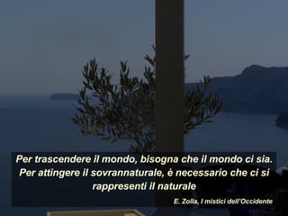 Per trascendere il mondo, bisogna che il mondo ci sia.
Per attingere il sovrannaturale, è necessario che ci si
rappresenti il naturale
E. Zolla, I mistici dell’Occidente
 
