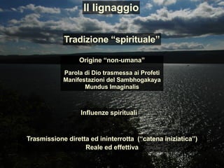 Origine “non-umana”
Parola di Dio trasmessa ai Profeti
Manifestazioni del Sambhogakaya
Mundus Imaginalis
Il lignaggio
Tradizione “spirituale”
Influenze spirituali
Trasmissione diretta ed ininterrotta (“catena iniziatica”)
Reale ed effettiva
 