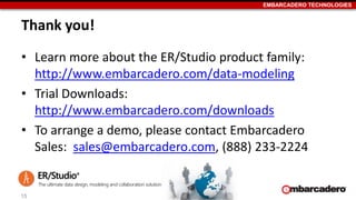 EMBARCADERO TECHNOLOGIES 
Thank you! 
• Learn more about the ER/Studio product family: 
http://www.embarcadero.com/data-modeling 
• Trial Downloads: 
http://www.embarcadero.com/downloads 
• To arrange a demo, please contact Embarcadero 
Sales: sales@embarcadero.com, (888) 233-2224 
15 
