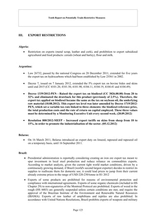 Tenth Report on Potentially Trade-Restrictive Measures
Page 125
III. EXPORT RESTRICTIONS
Algeria:
 Restriction on exports (metal scrap, leather and cork), and prohibition to export subsidized
agricultural and food products: cereals (wheat and barley), flour and milk.
Argentina:
 Law 26732, passed by the national Congress on 28 December 2011, extended for five years
the export tax on hydrocarbons which had been established by Law 25561 in 2002.
 Decree 7, issued on 7 January 2012, extended the 5% export tax on bovine hides and skins
until end 2015 (CC 4101.20, 4101.50, 4101.90, 4104.11, 4104.19, 4104.41 and 4104.49).
 Decree 1339/2012-PEN - Raised the export tax on biodiesel (CC 3826.00.00) from 20 to
32% and eliminated the drawback for this product (previously of 2.5%). Therefore, the
export tax applied on biodiesel became the same as the tax on soybean oil, the underlying
raw material (10.08.2012). This export tax level was later amended by Decree 1719/2012-
PEN, which set a variable tax rate linked to three elements: the biodiesel reference price,
the total production costs and the rate of return on capital employed. These three values
must be determined by a Monitoring Executive Unit every second week. (20.09.2012)
 Resolution 800/2012-MEFP – Increased export tariffs on skins from sheep from 10 to
15%, in order to promote the industrialisation of the sector. (05.12.2012)
Belarus:
 On 16 March 2011, Belarus introduced an export duty on linseed, rapeseed and rapeseed oil
on a temporary basis, until 16 September 2011.
Brazil:
 Presidential administration is reportedly considering creating an iron ore export tax meant to
spur investment in local steel production and reduce reliance on commodities exports.
According to market analysts, given the current tight world market conditions, driven by a
continuously growing demand, if Brazil (world's second largest exporter) decides to restrict its
supplies to reallocate them for domestic use, it could lead prices to jump from their current
already extreme prices to the range of USD 220-230/tonne in H1 2012
 Exports of some products are prohibited for reasons of environmental protection and
compliance with international agreements. Exports of some organic chemicals (included in HS
Chapter 29) to non-signatories of the Montreal Protocol are prohibited. Exports of wood in the
rough (HS 4403) are generally suspended unless certain conditions are met, and require the
approval of the Brazilian Institute of the Environment and Renewable Natural Resources
(IBAMA). Exports of raw leather of amphibians and reptiles are also prohibited. In
accordance with United Nations Resolutions, Brazil prohibits exports of weapons and military
 