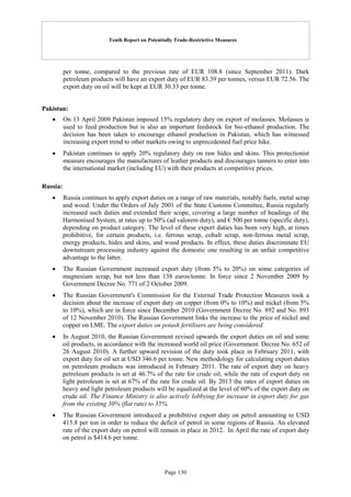 Tenth Report on Potentially Trade-Restrictive Measures
Page 130
per tonne, compared to the previous rate of EUR 108.8 (since September 2011). Dark
petroleum products will have an export duty of EUR 83.39 per tonnes, versus EUR 72.56. The
export duty on oil will be kept at EUR 30.33 per tonne.
Pakistan:
 On 13 April 2009 Pakistan imposed 15% regulatory duty on export of molasses. Molasses is
used to feed production but is also an important feedstock for bio-ethanol production. The
decision has been taken to encourage ethanol production in Pakistan, which has witnessed
increasing export trend to other markets owing to unprecedented fuel price hike.
 Pakistan continues to apply 20% regulatory duty on raw hides and skins. This protectionist
measure encourages the manufactures of leather products and discourages tanners to enter into
the international market (including EU) with their products at competitive prices.
Russia:
 Russia continues to apply export duties on a range of raw materials, notably fuels, metal scrap
and wood. Under the Orders of July 2001 of the State Customs Committee, Russia regularly
increased such duties and extended their scope, covering a large number of headings of the
Harmonised System, at rates up to 50% (ad valorem duty), and € 500 per tonne (specific duty),
depending on product category. The level of these export duties has been very high, at times
prohibitive, for certain products, i.e. ferrous scrap, cobalt scrap, non-ferrous metal scrap,
energy products, hides and skins, and wood products. In effect, these duties discriminate EU
downstream processing industry against the domestic one resulting in an unfair competitive
advantage to the latter.
 The Russian Government increased export duty (from 5% to 20%) on some categories of
magnesium scrap, but not less than 138 euros/tonne. In force since 2 November 2009 by
Government Decree No. 771 of 2 October 2009.
 The Russian Government's Commission for the External Trade Protection Measures took a
decision about the increase of export duty on copper (from 0% to 10%) and nickel (from 5%
to 10%), which are in force since December 2010 (Government Decree No. 892 and No. 893
of 12 November 2010). The Russian Government links the increase to the price of nickel and
copper on LME. The export duties on potash fertilisers are being considered.
 In August 2010, the Russian Government revised upwards the export duties on oil and some
oil products, in accordance with the increased world oil price (Government. Decree No. 652 of
26 August 2010). A further upward revision of the duty took place in February 2011, with
export duty for oil set at USD 346.6 per tonne. New methodology for calculating export duties
on petroleum products was introduced in February 2011. The rate of export duty on heavy
petroleum products is set at 46.7% of the rate for crude oil, while the rate of export duty on
light petroleum is set at 67% of the rate for crude oil. By 2013 the rates of export duties on
heavy and light petroleum products will be equalized at the level of 60% of the export duty on
crude oil. The Finance Ministry is also actively lobbying for increase in export duty for gas
from the existing 30% (flat rate) to 35%.
 The Russian Government introduced a prohibitive export duty on petrol amounting to USD
415.8 per ton in order to reduce the deficit of petrol in some regions of Russia. An elevated
rate of the export duty on petrol will remain in place in 2012. In April the rate of export duty
on petrol is $414.6 per tonne.
 