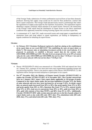 Tenth Report on Potentially Trade-Restrictive Measures
Page 132
of the Foreign Trade; submission of written confirmation received from at least three domestic
producers showing that copper scrap would not be used for their production; contract that
shows export connection. The Foreign Trade had previously issued a communiqué that orders
the registration of copper scarp export by the Exporters Associations. The registration requires
obtaining a registry certificate which amounts to an export license. However, the instructions
of the Foreign Trade which bind the distribution of export license to the above mentioned
conditions have apparently turned the existing licensing regime into a de facto export ban.
 A communiqué of 21 April 2011 made recovered (waste and scrap) paper or paperboard and
aluminium waste and scrap subject to export registration, yet lacking in transparency as
regards conditions for obtaining an export license.
Ukraine:
 In February 2013 Ukrainian Parliament registered a draft law aiming at the establishment
of an export duty on raw wood (Bill #2325 “On establishing the rates of export duties on
timber”). This measure aims at stimulating investment activity in the wood industry. It is
proposed, in particular, to establish a five-year export duty for the customs codes
4401210000, 4401220000 and 4403. The duty levels are proposed to be set at 20% of custom
value for the codes 4401210000 and 4401220000, but not less than 7 EUR per 1 ton and at
40% of custom value for 4403, but not less than 17 EUR per 1m3
.
Vietnam:
 Decree 109/2010/ND-CP which was announced on 4 November 2010 and entered into force
on 1 January 2011, exporters of rice must meet more strict requirements regarding storage and
rice processing facilities. There is one positive aspect of this Decree 109/2010/ND-CP, i.e. this
legislation allows foreign-invested enterprises to participate in rice exports.
 On 15th
November 2012, the Ministry of Finance issued Circular 193/2012/TT-BTC to
replace the Circular 157/2011/TT-BTC of 14 November 2011. The Circular entered into
force on 1 January 2013. Annex I lists export duties applicable to 118 groups of goods.
Compared to the export duties under the previous legislation (Circular 157), the duties
of some minerals and ores have been increased by an average 5-10%. In detail, export
duty on natural sands increased from 20% to 30%, fine grain apatite from 15% to 20%
and grain apatite from 20% to 30%, limestone flux from 17% to 25%, natural steatite
from 15% to 30%, lead ores & concentrate from 20% to 30%, gold ores from 20% to
30%, gold with contents of less than 99.99% and 80% from 0% to 10%. Additionally,
Circular 193/2012/TT-BTC adds certain minerals and ores to the list of goods subject to
export duties such as zinc oxide (HS code: 2817; duty: 5%), aluminium oxide (HS code:
2818; duty: 5%), and nickel stein (HS code: 7501; duty: 5%).
 
