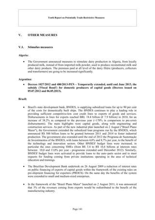Tenth Report on Potentially Trade-Restrictive Measures
Page 141
V. OTHER MEASURES
V.1. Stimulus measures
Algeria:
 The Government announced measures to stimulate dairy production in Algeria, from locally
produced milk, instead of from imported milk powder, used to produce reconstituted milk and
other dairy products. The premium paid at all level of the dairy filière (producers, collectors
and transformers) are going to be increased significantly.
Argentina:
 Decrees 1027/2012 and 480/2013-PEN – Temporarily extended, until end June 2013, the
subsidy ('Fiscal Bond') for domestic producers of capital goods (Decrees issued on
05.07.2012 and 06.05.2013).
Brazil:
 Brazil's state development bank, BNDES, is supplying subsidized loans for up to 90 per cent
of the costs for domestically built ships. The BNDES continues to play a leading role in
providing sufficient competitive-low cost credit lines to exports of goods and services.
Disbursements in lines for exports reached BRL 18.4 billion (€ 7.9 billion) in 2010, for an
increase of 38.2% as compared to the previous year (+170% in comparison to pre-crisis
disbursements). The main highlights were capital goods, along with engineering and
construction services. As part of the new industrial plan launched on 2 August ("Brasil Plano
Maior"), the Government extended the subsidized loan programs run by the BNDES, which
announced R$ 500 billion loans to be granted between 2011 and 2014 to foster industrial
production. The government also extended until the end of 2012 the Programa de Sustentação
de Investimentos of the BNDES, with loans between 4,0% and 8,7% per year, to the benefit of
the technology and innovation sectors. Other BNDES' budget lines were increased, in
particular the ones concerning SMEs (from R$ 3.4 to R$ 10,4 billions at interests rates
between 10,0 and 13,0% per year - programme extended until December 2012). Similarly,
BNDES' budget lines were activated to provide loans to the auto–parts sector and to meet
requests for funding coming from private institutions operating in the area of technical
education and trainings.
 The Brazilian Development Bank undertook on 26 August 2009 a reduction of interest rates
on public financing of exports of capital goods within the framework of the existing rules on
pre-shipment financing for exporters (PROEX). On the same day the benefits of the system
were extended to small and medium-sized enterprises.
 In the framework of the "Brasil Plano Maior" launched on 2 August 2011, it was announced
that 3% of the revenues coming from exports would be redistributed to the benefit of the
manufacturing industry.
 