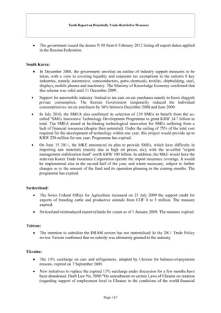 Tenth Report on Potentially Trade-Restrictive Measures
Page 167
 The government issued the decree N 88 from 6 February 2012 listing all export duties applied
in the Russian Federation.
South Korea:
 In December 2008, the government unveiled an outline of industry support measures to be
taken, with a view to covering liquidity and corporate tax exemptions to the nation's 9 key
industries, namely automotive, semiconductors, petro-chemicals, textiles, shipbuilding, steel,
displays, mobile phones and machinery. The Ministry of Knowledge Economy confirmed that
this scheme was valid until 31 December 2009.
 Support for automobile industry: limited to tax cuts on car purchases mainly to boost sluggish
private consumption. The Korean Government temporarily reduced the individual
consumption tax on car purchases by 30% between December 2008 and June 2009.
 In July 2010, the SMEA also confirmed its selection of 239 SMEs to benefit from the so-
called "SMEs Innovative Technology Development Programme to grant KRW 34.7 billion in
total. The SMEA aimed at facilitating technological innovation for SMEs suffering from a
lack of financial resources (despite their potential). Under the ceiling of 75% of the total cost
required for the development of technology within one year, this project would provide up to
KRW 250 million for one year; Programme has expired.
 On June 15 2011, the MKE announced its plan to provide SMEs, which have difficulty in
importing raw materials (mainly due to high oil prices, etc), with the so-called "urgent
management stabilisation fund" worth KRW 100 billion. In addition, the MKE would have the
state-run Korea Trade Insurance Corporation operate the import insurance coverage. It would
be implemented also in the second half of the year, and where necessary, subject to further
changes as to the amount of the fund and its operation planning in the coming months. The
programme has expired.
Switzerland:
 The Swiss Federal Office for Agriculture increased on 23 July 2009 the support credit for
exports of breeding cattle and productive animals from CHF 4 to 5 million. The measure
expired.
 Switzerland reintroduced export refunds for cream as of 1 January 2009. The measure expired.
Taiwan:
 The intention to subsidise the DRAM sectors has not materialised At the 2011 Trade Policy
review Taiwan confirmed that no subsidy was ultimately granted to the industry.
Ukraine:
 The 13% surcharge on cars and refrigerators, adopted by Ukraine for balance-of-payments
reasons, expired on 7 September 2009.
 New initiatives to replace the expired 13% surcharge under discussion for a few months have
been abandoned. Draft Law No. 5080 "On amendments to certain Laws of Ukraine on taxation
(regarding support of employment level in Ukraine in the conditions of the world financial
 