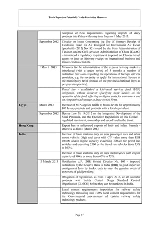 Tenth Report on Potentially Trade-Restrictive Measures
Page 37
Adoption of New requirements regarding imports of dairy
products into China with entry into force on 1 May 2013.
September 2012 Circular on Issues Concerning the Use of Itinerary Receipt of
Electronic Ticket for Air Transport for International Air Ticket
(guoshuifa (2012) No. 83) issued by the State Administration of
Taxation and the Civil Aviation Administration of China (CAAC)
– introduced a regulatory requirement imposed on Chinese travel
agents to issue an itinerary receipt on international business and
leisure electronic tickets.
1 March 2013 Measures for the administration of the express delivery market –
introduced (with a grace period of 3 month) a number of
restrictive provisions regarding the operations of foreign services
providers, e.g. the necessity to apply for international licence at
the municipality level (instead of the provincial/national level as
per previous practice).
Postal law – established a Universal services fund (USF)
obligation, without however specifying more details on the
operation of the fund, effecting in higher costs for consumers and
an competitive advantage to State-owned firms.
Egypt March 2013 Increase of MFN applied tariffs to bound levels for approximately
100 luxury products and products with a local equivalent.
September 2012 Decree Law No 14/2012 on the Integrated Development of the
Sinai Peninsula, and the Executive Regulations of this Decree –
regulated investment, ownership and use of land in the Sinai.
Hong Kong Export ban on unlicensed exports of baby and infant formula -
effective as from 1 March 2013
India Increase of basic customs duty on new passenger cars and other
motor vehicles (high end cars) with CIF value more than US$
40,000 and/or engine capacity exceeding 3000cc for petrol run
vehicles and exceeding 2500 cc for diesel run vehicles from 75%
to 100%.
Increase of basic customs duty on new motorcycles with engine
capacity of 800cc or more from 60% to 75%.
13 March 2013 Notification A.P. (DIR Series) Circular No. 103 - imposed
restrictions by the Reserve Bank of India (RBI) on gold import on
consignment basis by banks, only to meet the genuine needs of
exporters of gold jewellery.
Obligation of registration, as from 1 April 2013, of all cosmetic
products with India's Central Drugs Standard Control
Organisation (CDSCO) before they can be marketed in India.
Local content requirements imposition for railway safety
technology translating into 100% local content requirements for
the Governmental procurement of certain railway safety
technology products.
 