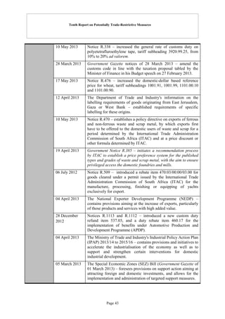 Tenth Report on Potentially Trade-Restrictive Measures
Page 43
10 May 2013 Notice R.338 – increased the general rate of customs duty on
polyetetrafluroethylene tape, tariff subheading 3920.99.25, from
10% to 20% ad valorem.
28 March 2013 Government Gazette notices of 28 March 2013 – amend the
customs code in line with the taxation proposal tabled by the
Minister of Finance in his Budget speech on 27 February 2013.
17 May 2013 Notice R.476 – increased the domestic-dollar based reference
price for wheat, tariff subheadings 1001.91, 1001.99, 1101.00.10
and 1101.00.90.
12 April 2013 The Department of Trade and Industry's information on the
labelling requirements of goods originating from East Jerusalem,
Gaza or West Bank – established requirements of specific
labelling for these origins.
10 May 2013 Notice R.470 – establishes a policy directive on exports of ferrous
and non-ferrous waste and scrap metal, by which exports first
have to be offered to the domestic users of waste and scrap for a
period determined by the International Trade Administration
Commission of South Africa (ITAC) and at a price discount or
other formula determined by ITAC.
19 April 2013 Government Notice R.385 – initiates a recommendation process
by ITAC to establish a price preference system for the published
types and grades of waste and scrap metal, with the aim to ensure
privileged access the domestic foundries and mills.
06 July 2012 Notice R.509 – introduced a rebate item 470.03/00.00/03.00 for
goods cleared under a permit issued by the International Trade
Administration Commission of South Africa (ITAC) for the
manufacture, processing, finishing or equipping of yachts
exclusively for export.
04 April 2013 The National Exporter Development Programme (NEDP) –
contains provisions aiming at the increase of exports, particularly
of those products and services with high added value.
28 December
2012
Notices R.1113 and R.1112 – introduced a new custom duty
refund item 537.03, and a duty rebate item 460.17 for the
implementation of benefits under Automotive Production and
Development Programme (APDP).
04 April 2013 The Ministry of Trade and Industry's Industrial Policy Action Plan
(IPAP) 2013/14 to 2015/16 – contains provisions and initiatives to
accelerate the industrialisation of the economy as well as to
support and strengthen certain interventions for domestic
industrial development.
05 March 2013 The Special Economic Zones (SEZ) Bill (Government Gazette of
01 March 2013) – foresees provisions on support action aiming at
attracting foreign and domestic investments, and allows for the
implementation and administration of targeted support measures.
 