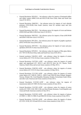 Tenth Report on Potentially Trade-Restrictive Measures
Page 53
o General Resolution 3024/2011 – Set reference values for imports of laminated rubber
and rubber carpets (4008.21.00 and 4016.91.00) from China, India and South East
Asia (27.01.2011).
o General Resolution 3040/2011 – Set reference prices for imports of vinyl chloride
polymers (3916.20.00) from South America, some EU member states and Asia
(11.02.2011).
o General Resolution 3041/2011 – Set reference prices for imports of rivets and buttons
(8308.20.00 and 9606.10.00) from Asia (11.02.2011).
o General Resolution 3042/2011 - Set reference prices for imports of hats (6505.90.00
and 6506.91.00) from Asia (11.02.2011).
o General Resolution 3051/2011 - Set reference prices for imports of graphic equalisers
(8543.70.99) from Asia (24.02.2011).
o General Resolution 3057/2011 - Set reference prices for imports of water and juice
sprinklers (8418.69.31) from Asia (03.03.2011).
o General Resolution 3070/2011 – Set reference values for imports of fibre glass fabrics
(CC 7019.52.90) from China, India and South East Asia (18.03.2011).
o General resolution 3106/2011–AFIP – sets reference values for imports of certain
woven fabrics (CC 5516.14) from Asian countries (16 May 2011).
o General Resolution 3107/2011–AFIP – sets reference values for imports of coated
paper and paperboard (CC 4810.13 and 4810.19) from the EU, Russia, North
America, South Africa and several Asian countries (16 May 2011).
o General Resolution 3108/2011-AFIP – sets reference values for imports of certain
woven fabrics (CC 5515.21) from Asian countries (16 May 2011).
o General Resolution 3121/2011-AFIP – sets reference values for imports of certain
cotton fabrics (CC 5209.29, 5209.51, 5209.52 and 5209.59) from Finland, Hungary,
Norway, Poland, UK, Czech Republic, Romania, Sweden, Switzerland, South Africa,
and other Latin American and Asian countries (8 June 2011).
o General Resolution 3122/2011-AFIP – sets reference values for imports of
transmission shafts (CC 8483.10) from Asian countries (8 June 2011).
o General Resolution 3141/2011-AFIP – sets reference values for imports of cotton
textiles (CC 5205.11.00, 5205.12.00, etc) from Poland, Romania, Czech Republic and
Asian and South American countries (4 July 2011).
o General Resolution 3142/2011-AFIP – sets reference values for imports of glasses
(CC9003.11, 9003.19, 9004.10 and 9004.90.10) from Asian countries (4 July 2011).
o General Resolution 3143/2011-AFIP – sets reference values for imports of alarms
(CC 8531.10.90, 8531.90 and 8536.41) from Asian countries (4 July 2011).
 