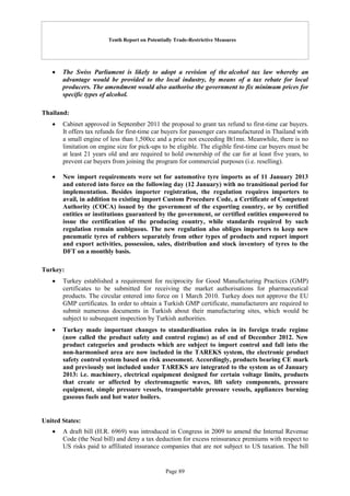 Tenth Report on Potentially Trade-Restrictive Measures
Page 89
 The Swiss Parliament is likely to adopt a revision of the alcohol tax law whereby an
advantage would be provided to the local industry, by means of a tax rebate for local
producers. The amendment would also authorise the government to fix minimum prices for
specific types of alcohol.
Thailand:
 Cabinet approved in September 2011 the proposal to grant tax refund to first-time car buyers.
It offers tax refunds for first-time car buyers for passenger cars manufactured in Thailand with
a small engine of less than 1,500cc and a price not exceeding Bt1mn. Meanwhile, there is no
limitation on engine size for pick-ups to be eligible. The eligible first-time car buyers must be
at least 21 years old and are required to hold ownership of the car for at least five years, to
prevent car buyers from joining the program for commercial purposes (i.e. reselling).
 New import requirements were set for automotive tyre imports as of 11 January 2013
and entered into force on the following day (12 January) with no transitional period for
implementation. Besides importer registration, the regulation requires importers to
avail, in addition to existing import Custom Procedure Code, a Certificate of Competent
Authority (COCA) issued by the government of the exporting country, or by certified
entities or institutions guaranteed by the government, or certified entities empowered to
issue the certification of the producing country, while standards required by such
regulation remain ambiguous. The new regulation also obliges importers to keep new
pneumatic tyres of rubbers separately from other types of products and report import
and export activities, possession, sales, distribution and stock inventory of tyres to the
DFT on a monthly basis.
Turkey:
 Turkey established a requirement for reciprocity for Good Manufacturing Practices (GMP)
certificates to be submitted for receiving the market authorisations for pharmaceutical
products. The circular entered into force on 1 March 2010. Turkey does not approve the EU
GMP certificates. In order to obtain a Turkish GMP certificate, manufacturers are required to
submit numerous documents in Turkish about their manufacturing sites, which would be
subject to subsequent inspection by Turkish authorities.
 Turkey made important changes to standardisation rules in its foreign trade regime
(now called the product safety and control regime) as of end of December 2012. New
product categories and products which are subject to import control and fall into the
non-harmonised area are now included in the TAREKS system, the electronic product
safety control system based on risk assessment. Accordingly, products bearing CE mark
and previously not included under TAREKS are integrated to the system as of January
2013: i.e. machinery, electrical equipment designed for certain voltage limits, products
that create or affected by electromagnetic waves, lift safety components, pressure
equipment, simple pressure vessels, transportable pressure vessels, appliances burning
gaseous fuels and hot water boilers.
United States:
 A draft bill (H.R. 6969) was introduced in Congress in 2009 to amend the Internal Revenue
Code (the Neal bill) and deny a tax deduction for excess reinsurance premiums with respect to
US risks paid to affiliated insurance companies that are not subject to US taxation. The bill
 