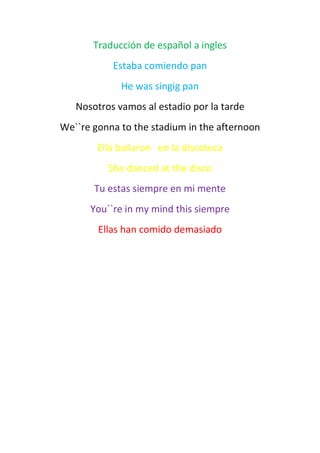 Traducción de español a ingles
           Estaba comiendo pan
             He was singig pan
   Nosotros vamos al estadio por la tarde
We``re gonna to the stadium in the afternoon
        Ella bailaron en la discoteca
          She danced at the disco
       Tu estas siempre en mi mente
      You``re in my mind this siempre
        Ellas han comido demasiado
 