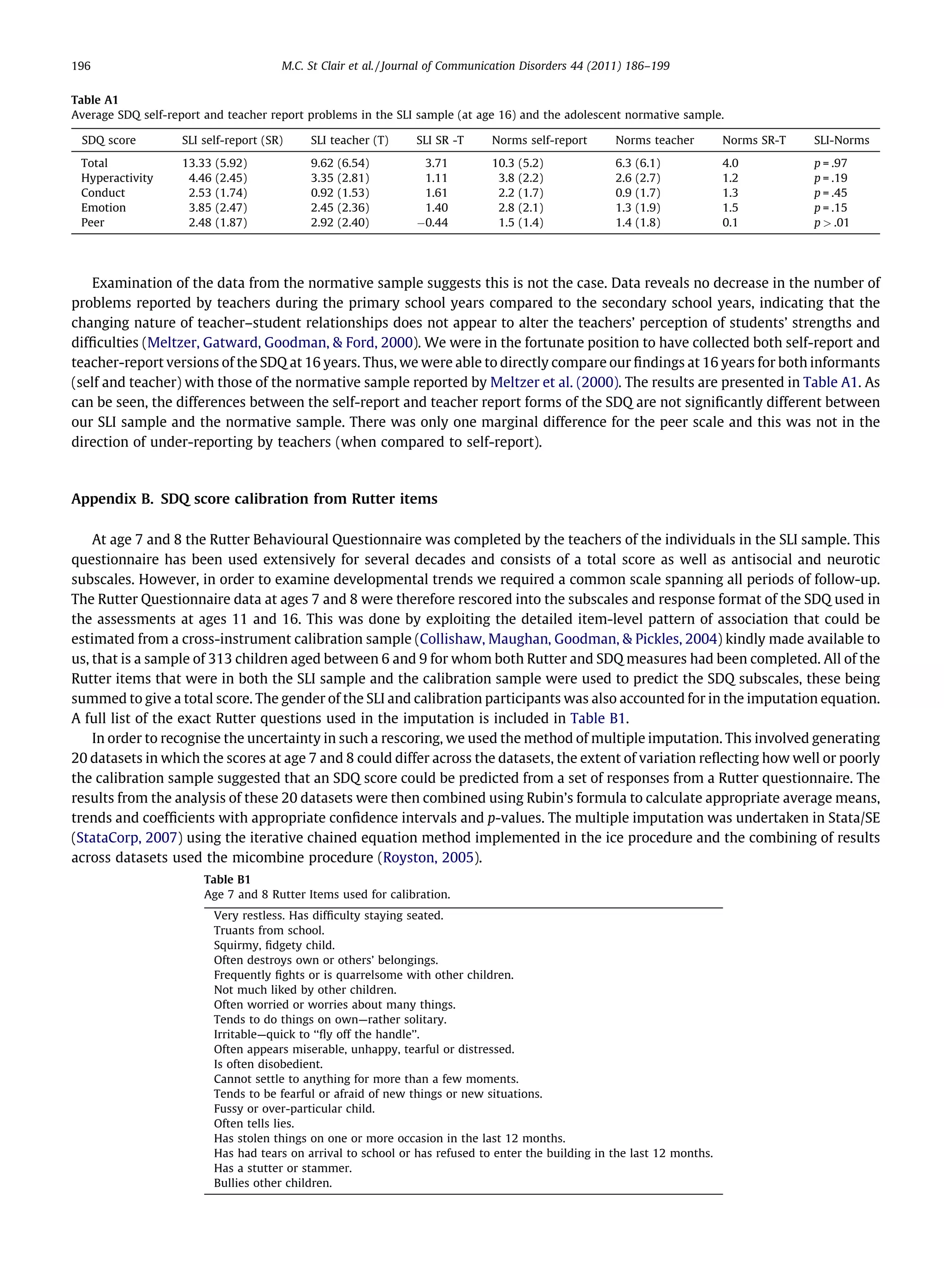 196                                     M.C. St Clair et al. / Journal of Communication Disorders 44 (2011) 186–199


Table A1
Average SDQ self-report and teacher report problems in the SLI sample (at age 16) and the adolescent normative sample.

 SDQ score          SLI self-report (SR)      SLI teacher (T)     SLI SR -T     Norms self-report       Norms teacher        Norms SR-T   SLI-Norms

 Total              13.33   (5.92)            9.62   (6.54)        3.71         10.3   (5.2)            6.3   (6.1)          4.0          p = .97
 Hyperactivity       4.46   (2.45)            3.35   (2.81)        1.11          3.8   (2.2)            2.6   (2.7)          1.2          p = .19
 Conduct             2.53   (1.74)            0.92   (1.53)        1.61          2.2   (1.7)            0.9   (1.7)          1.3          p = .45
 Emotion             3.85   (2.47)            2.45   (2.36)        1.40          2.8   (2.1)            1.3   (1.9)          1.5          p = .15
 Peer                2.48   (1.87)            2.92   (2.40)       À0.44          1.5   (1.4)            1.4   (1.8)          0.1          p > .01




    Examination of the data from the normative sample suggests this is not the case. Data reveals no decrease in the number of
problems reported by teachers during the primary school years compared to the secondary school years, indicating that the
changing nature of teacher–student relationships does not appear to alter the teachers’ perception of students’ strengths and
difﬁculties (Meltzer, Gatward, Goodman, & Ford, 2000). We were in the fortunate position to have collected both self-report and
teacher-report versions of the SDQ at 16 years. Thus, we were able to directly compare our ﬁndings at 16 years for both informants
(self and teacher) with those of the normative sample reported by Meltzer et al. (2000). The results are presented in Table A1. As
can be seen, the differences between the self-report and teacher report forms of the SDQ are not signiﬁcantly different between
our SLI sample and the normative sample. There was only one marginal difference for the peer scale and this was not in the
direction of under-reporting by teachers (when compared to self-report).



Appendix B. SDQ score calibration from Rutter items

    At age 7 and 8 the Rutter Behavioural Questionnaire was completed by the teachers of the individuals in the SLI sample. This
questionnaire has been used extensively for several decades and consists of a total score as well as antisocial and neurotic
subscales. However, in order to examine developmental trends we required a common scale spanning all periods of follow-up.
The Rutter Questionnaire data at ages 7 and 8 were therefore rescored into the subscales and response format of the SDQ used in
the assessments at ages 11 and 16. This was done by exploiting the detailed item-level pattern of association that could be
estimated from a cross-instrument calibration sample (Collishaw, Maughan, Goodman, & Pickles, 2004) kindly made available to
us, that is a sample of 313 children aged between 6 and 9 for whom both Rutter and SDQ measures had been completed. All of the
Rutter items that were in both the SLI sample and the calibration sample were used to predict the SDQ subscales, these being
summed to give a total score. The gender of the SLI and calibration participants was also accounted for in the imputation equation.
A full list of the exact Rutter questions used in the imputation is included in Table B1.
    In order to recognise the uncertainty in such a rescoring, we used the method of multiple imputation. This involved generating
20 datasets in which the scores at age 7 and 8 could differ across the datasets, the extent of variation reﬂecting how well or poorly
the calibration sample suggested that an SDQ score could be predicted from a set of responses from a Rutter questionnaire. The
results from the analysis of these 20 datasets were then combined using Rubin’s formula to calculate appropriate average means,
trends and coefﬁcients with appropriate conﬁdence intervals and p-values. The multiple imputation was undertaken in Stata/SE
(StataCorp, 2007) using the iterative chained equation method implemented in the ice procedure and the combining of results
across datasets used the micombine procedure (Royston, 2005).
                        Table B1
                        Age 7 and 8 Rutter Items used for calibration.
                            Very restless. Has difﬁculty staying seated.
                            Truants from school.
                            Squirmy, ﬁdgety child.
                            Often destroys own or others’ belongings.
                            Frequently ﬁghts or is quarrelsome with other children.
                            Not much liked by other children.
                            Often worried or worries about many things.
                            Tends to do things on own—rather solitary.
                            Irritable—quick to ‘‘ﬂy off the handle’’.
                            Often appears miserable, unhappy, tearful or distressed.
                            Is often disobedient.
                            Cannot settle to anything for more than a few moments.
                            Tends to be fearful or afraid of new things or new situations.
                            Fussy or over-particular child.
                            Often tells lies.
                            Has stolen things on one or more occasion in the last 12 months.
                            Has had tears on arrival to school or has refused to enter the building in the last 12 months.
                            Has a stutter or stammer.
                            Bullies other children.
 