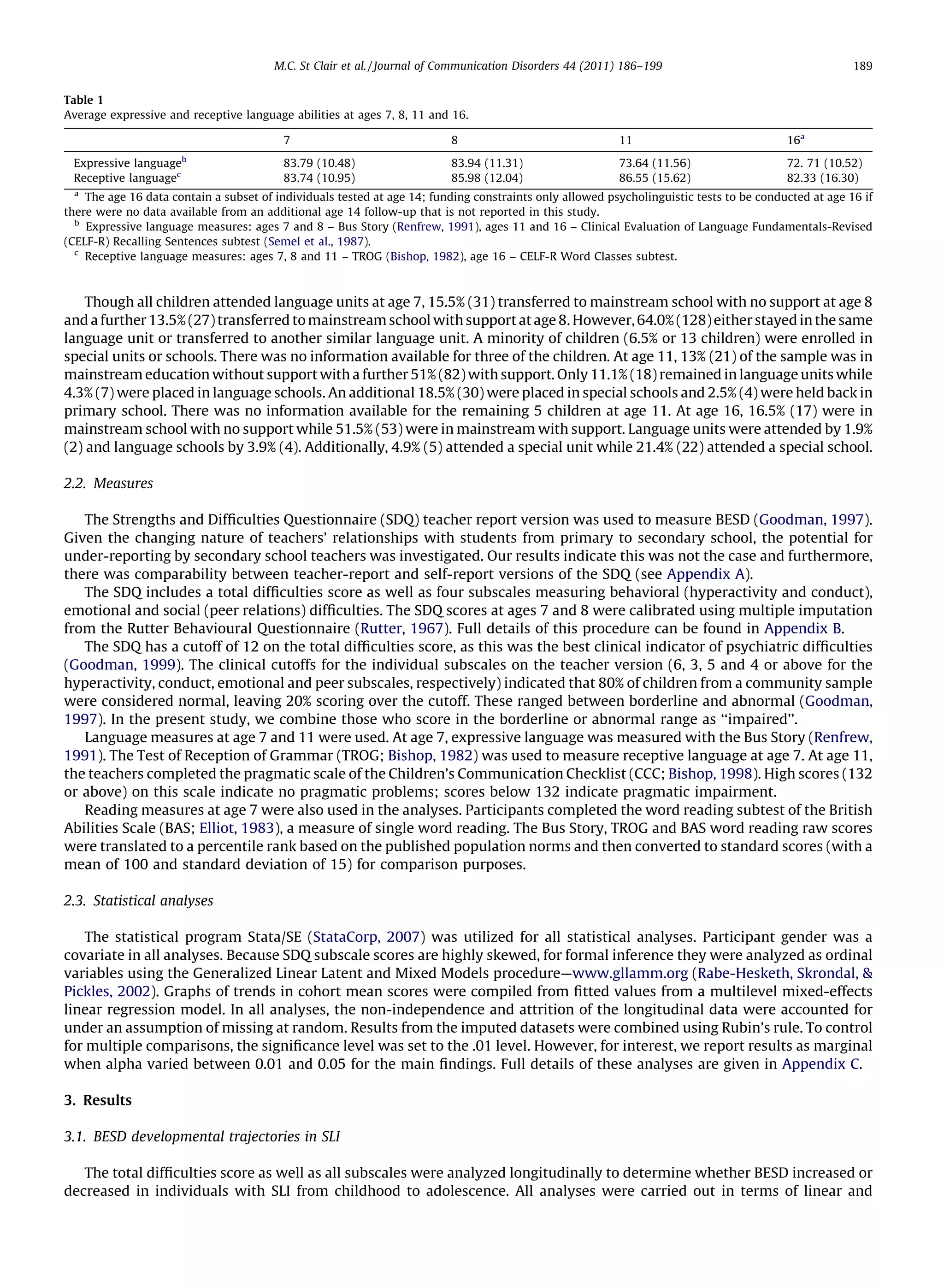 M.C. St Clair et al. / Journal of Communication Disorders 44 (2011) 186–199                                   189


Table 1
Average expressive and receptive language abilities at ages 7, 8, 11 and 16.

                                         7                                8                               11                             16a
                       b
 Expressive language                     83.79 (10.48)                    83.94 (11.31)                   73.64 (11.56)                  72. 71 (10.52)
 Receptive languagec                     83.74 (10.95)                    85.98 (12.04)                   86.55 (15.62)                  82.33 (16.30)
  a
    The age 16 data contain a subset of individuals tested at age 14; funding constraints only allowed psycholinguistic tests to be conducted at age 16 if
there were no data available from an additional age 14 follow-up that is not reported in this study.
  b
    Expressive language measures: ages 7 and 8 – Bus Story (Renfrew, 1991), ages 11 and 16 – Clinical Evaluation of Language Fundamentals-Revised
(CELF-R) Recalling Sentences subtest (Semel et al., 1987).
  c
    Receptive language measures: ages 7, 8 and 11 – TROG (Bishop, 1982), age 16 – CELF-R Word Classes subtest.



    Though all children attended language units at age 7, 15.5% (31) transferred to mainstream school with no support at age 8
and a further 13.5% (27) transferred to mainstream school with support at age 8. However, 64.0% (128) either stayed in the same
language unit or transferred to another similar language unit. A minority of children (6.5% or 13 children) were enrolled in
special units or schools. There was no information available for three of the children. At age 11, 13% (21) of the sample was in
mainstream education without support with a further 51% (82) with support. Only 11.1% (18) remained in language units while
4.3% (7) were placed in language schools. An additional 18.5% (30) were placed in special schools and 2.5% (4) were held back in
primary school. There was no information available for the remaining 5 children at age 11. At age 16, 16.5% (17) were in
mainstream school with no support while 51.5% (53) were in mainstream with support. Language units were attended by 1.9%
(2) and language schools by 3.9% (4). Additionally, 4.9% (5) attended a special unit while 21.4% (22) attended a special school.

2.2. Measures

   The Strengths and Difﬁculties Questionnaire (SDQ) teacher report version was used to measure BESD (Goodman, 1997).
Given the changing nature of teachers’ relationships with students from primary to secondary school, the potential for
under-reporting by secondary school teachers was investigated. Our results indicate this was not the case and furthermore,
there was comparability between teacher-report and self-report versions of the SDQ (see Appendix A).
   The SDQ includes a total difﬁculties score as well as four subscales measuring behavioral (hyperactivity and conduct),
emotional and social (peer relations) difﬁculties. The SDQ scores at ages 7 and 8 were calibrated using multiple imputation
from the Rutter Behavioural Questionnaire (Rutter, 1967). Full details of this procedure can be found in Appendix B.
   The SDQ has a cutoff of 12 on the total difﬁculties score, as this was the best clinical indicator of psychiatric difﬁculties
(Goodman, 1999). The clinical cutoffs for the individual subscales on the teacher version (6, 3, 5 and 4 or above for the
hyperactivity, conduct, emotional and peer subscales, respectively) indicated that 80% of children from a community sample
were considered normal, leaving 20% scoring over the cutoff. These ranged between borderline and abnormal (Goodman,
1997). In the present study, we combine those who score in the borderline or abnormal range as ‘‘impaired’’.
   Language measures at age 7 and 11 were used. At age 7, expressive language was measured with the Bus Story (Renfrew,
1991). The Test of Reception of Grammar (TROG; Bishop, 1982) was used to measure receptive language at age 7. At age 11,
the teachers completed the pragmatic scale of the Children’s Communication Checklist (CCC; Bishop, 1998). High scores (132
or above) on this scale indicate no pragmatic problems; scores below 132 indicate pragmatic impairment.
   Reading measures at age 7 were also used in the analyses. Participants completed the word reading subtest of the British
Abilities Scale (BAS; Elliot, 1983), a measure of single word reading. The Bus Story, TROG and BAS word reading raw scores
were translated to a percentile rank based on the published population norms and then converted to standard scores (with a
mean of 100 and standard deviation of 15) for comparison purposes.

2.3. Statistical analyses

    The statistical program Stata/SE (StataCorp, 2007) was utilized for all statistical analyses. Participant gender was a
covariate in all analyses. Because SDQ subscale scores are highly skewed, for formal inference they were analyzed as ordinal
variables using the Generalized Linear Latent and Mixed Models procedure—www.gllamm.org (Rabe-Hesketh, Skrondal, &
Pickles, 2002). Graphs of trends in cohort mean scores were compiled from ﬁtted values from a multilevel mixed-effects
linear regression model. In all analyses, the non-independence and attrition of the longitudinal data were accounted for
under an assumption of missing at random. Results from the imputed datasets were combined using Rubin’s rule. To control
for multiple comparisons, the signiﬁcance level was set to the .01 level. However, for interest, we report results as marginal
when alpha varied between 0.01 and 0.05 for the main ﬁndings. Full details of these analyses are given in Appendix C.

3. Results

3.1. BESD developmental trajectories in SLI

   The total difﬁculties score as well as all subscales were analyzed longitudinally to determine whether BESD increased or
decreased in individuals with SLI from childhood to adolescence. All analyses were carried out in terms of linear and
 