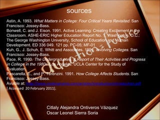 sources Citlaly Alejandra Ontiveros Vázquez Oscar Leonel Sierra Soria Astin, A. 1993.  What Matters in College: Four Critical Years Revisited.  San Francisco: Jossey-Bass. Bonwell, C. and J. Eison. 1991. Active Learning: Creating Excitement in the Classroom. ASHE-ERIC Higher Education Report No. 1. Washington, D.C.: The George Washington University, School of Education and Human Development. ED 336 049. 121 pp. PC-05; MF-01 Kuh, G., J. Schuh, E. Whitt and Associates. 1991.  Involving Colleges.  San Francisco: Jossey-Bass. Pace, R. 1990.  The Undergraduates: A Report of Their Activities and Progress in College in the 1980s.  Los Angeles: UCLA Center for the Study of Evaluation. Pascarella, E., and P. Terenzini. 1991.  How College Affects Students.  San Francisco: Jossey-Bass.  Aviable at:  http://www.readingmatrix.com/articles/introduction/introduction.pdf [ Accessed  20 February 2011]. 