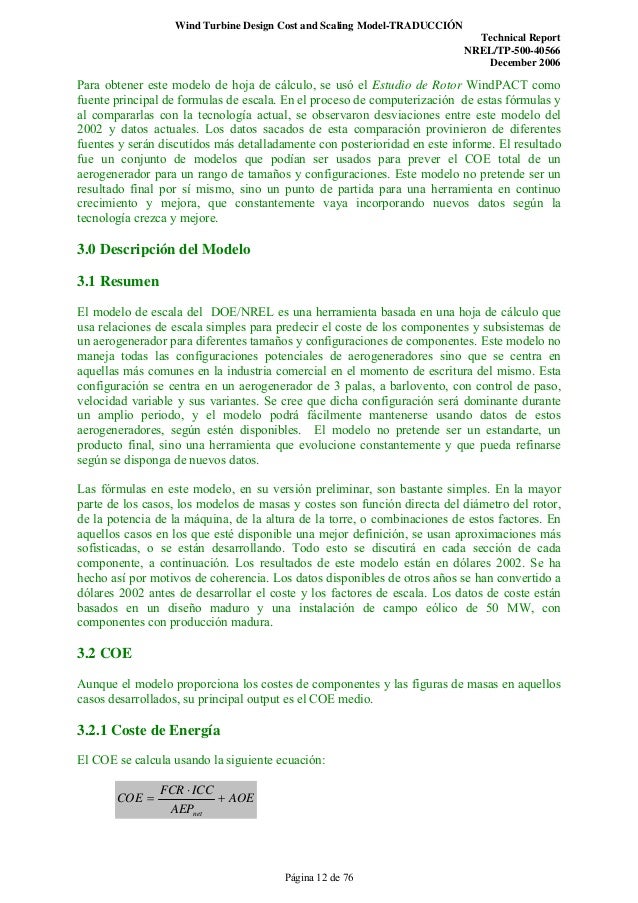 Windturbine Design Cost &amp; Scaling Model - Traducción al 