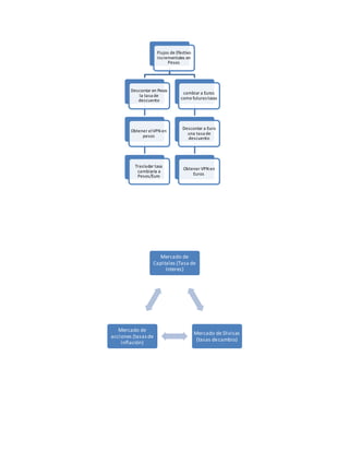 Flujos de Efectivo
incrementales en
Pesos
Descontar en Pesos
la tasa de
descuento
Obtener elVPN en
pesos
Trasladar tasa
cambiaria a
Pesos/Euro
cambiar a Euros
como futuras tasas
Descontar a Euro
una tasa de
descuento
Obtener VPN en
Euros
Mercado de
Capitales (Tasa de
Interes)
Mercado de Divisas
(tasas decambio)
Mercado de
acciones (tasasde
inflación)
 
