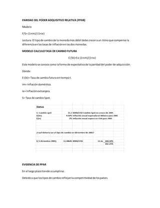 PARIDAD DEL PODER ADQUISITIVO RELATIVA (PPAR)
Modelo
F/S= (1+im)/ (1+ie)
Lectura: El tipode cambiode la monedamás débil debe creceraun ritmoque compense la
diferenciaenlastasasde inflaciónenlasdos monedas.
MODELO CALCULOTASA DE CAMBIO FUTURA
E (St)=Sx (1+im)/(1+ie)
Este modelose conoce como laforma de expectativade laparidaddel poderde adquisición.
Dónde:
E (St)= Tasa de cambiofutura entiempot.
Im= Inflacióndoméstica.
Ie= Inflaciónextranjera.
S= Tasa de cambioSpot.
EVIDENCIA DE PPAR
En el largo plazotiende acumplirse.
Debidoa que lostiposde cambioreflejanlacompetitividadde lospaíses.
 
