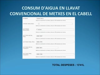 CONSUM D'AIGUA EN LLAVAT
CONVENCIONAL DE METXES EN EL CABELL
TOTAL DESPESES : 13'41L
 