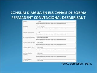 CONSUM D'AIGUA EN ELS CANVIS DE FORMA
PERMANENT CONVENCIONAL DESARRISANT
TOTAL DESPESES : 5'95 L
 