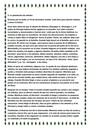 (Giorgia, Alessia, Daniele, Giuseppe C.)

2. La plantación de árboles
El lunes por la tarde, el 16 de diciembre estaba todo listo para plantar árboles
y hacer la fiesta.
Unos días antes de que el abuelo de Simóna, Giuseppe C., Giuseppe L. y el
padre de Georgia habían hecho agujeros en el jardín. Los niños estaban
encantados y emocionados y hacían más ruido que de la forma habitual. La
maestra le dijo que se acordasen de tomar las decoraciones, las tarjetas y
cartas y todos ellos se dirigieron hacia el jardín. Vanni, sin saberlo, dejó caer
la carta y la guardó en el bolsillo. Cuando bajó buscó en el bolsillo, pero no la
encontró. Él volvió con el papá, para buscar pero la puerta de la biblioteca
estaba cerrada, así que tuvo que entrar por la puerta del patio de la Vía de la
Marmolada y la encontró en el aula. Cuando llegaron en el jardín estaban casi
todas las mamás, los papás y algunos abuelos. El padre había ayudado al Sr.
Giovanni para llevar a las plantas. Había muchas plantas: robles, castaños,
olivos, algarrobos, moreras, almendros. Había algunos con dos o tres hojas y
la otra casi sin hojas y no se reconocían, así que el Sr. Giovanni tenía poca
dificultad "y se los entregaba a los niños.
Hubo un poco de confusión, algunos con la ayuda de sus abuelos plantaron
árboles, los que habían terminado de plantar los árboles saltando, jugando y
yendo y viniendo todo porque estaban aburridos de esperar. Mientras que
Nicolás estaba esperando su turno estaba apoyado de espaldas a la valla, un
niño de la escuela media, que estaba fuera, ella metió la mano y tiró de su
abrigo. Cuando Nicolás llegó a casa se puso el pijama y se encontró una
piedra en la camiseta. Otro de los muchachos arrojaron una piedra en el lado
de Rosa.
Después de un tiempo "todo el mundo estaba leyendo las cartas a los amigos
los árboles, pero se dieron cuenta de que los chicos grandes, se estaban
riendo. Mientras tanto, el Giovanni encendió el fuego y mientras se preparan
las castañas asadas, todos los alumnos de la tercera F decoraron el árbol de
Navidad con las cáscaras de naranja. Un poco "antes de las castañas
estuvieran listas llegó el director, hizo un gran aplauso a los abuelos y el Sr.
Giovanni y luego todos a comer castañas asadas.
Finalmente, el director les dio la bienvenida. Mientras tanto se hizo de noche y
comenzó a hacer frío, por lo que regresaron a la sala de clases para tomar las
mochilas. Claudio al día siguiente no estaba en el jardín, porque había cogido
un resfriado y le dolía la garganta.

 