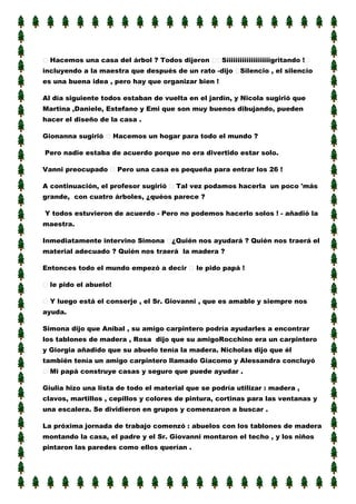 Hacemos una casa del árbol ? Todos dijeron

Siiiiiiiiiiiiiiiiiiiigritando !

incluyendo a la maestra que después de un rato -dijo

Silencio , el silencio

es una buena idea , pero hay que organizar bien !
Al día siguiente todos estaban de vuelta en el jardín, y Nicola sugirió que
Martina ,Daniele, Estefano y Emi que son muy buenos dibujando, pueden
hacer el diseño de la casa .
Gionanna sugirió

Hacemos un hogar para todo el mundo ?

Pero nadie estaba de acuerdo porque no era divertido estar solo.
Vanni preocupado

Pero una casa es pequeña para entrar los 26 !

A continuación, el profesor sugirió

Tal vez podamos hacerla un poco 'más

grande, con cuatro árboles, ¿quéos parece ?
Y todos estuvieron de acuerdo - Pero no podemos hacerlo solos ! - añadió la
maestra.
Inmediatamente intervino Simona

¿Quién nos ayudará ? Quién nos traerá el

material adecuado ? Quién nos traerá la madera ?
Entonces todo el mundo empezó a decir

le pido papá !

le pido el abuelo!
Y luego está el conserje , el Sr. Giovanni , que es amable y siempre nos
ayuda.
Simona dijo que Aníbal , su amigo carpintero podría ayudarles a encontrar
los tablones de madera , Rosa dijo que su amigoRocchino era un carpintero
y Giorgia añadido que su abuelo tenía la madera. Nicholas dijo que él
también tenía un amigo carpintero llamado Giacomo y Alessandra concluyó
Mi papá construye casas y seguro que puede ayudar .
Giulia hizo una lista de todo el material que se podría utilizar : madera ,
clavos, martillos , cepillos y colores de pintura, cortinas para las ventanas y
una escalera. Se dividieron en grupos y comenzaron a buscar .
La próxima jornada de trabajo comenzó : abuelos con los tablones de madera
montando la casa, el padre y el Sr. Giovanni montaron el techo , y los niños
pintaron las paredes como ellos querían .

 