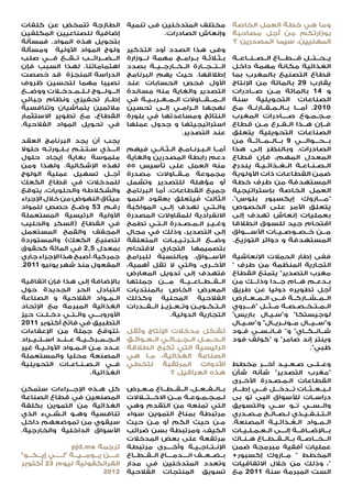 ‫الطازجة تتمخض عن كلفات‬                       ‫مختلف المتدخلين فى تنمية‬                    ‫وما هي خطة العمل الخاصة‬
‫إضافية للصناعيين المكلفين‬                             ‫وإنعاش الصادرات.‬                   ‫بوزارتكم من أجل مصاحبة‬
‫بتحويل هذه المواد. فمسألة‬                                                                ‫المهنيين، سيما المصدرين ؟‬
‫ولوج المواد األولية ومسألة‬                   ‫وفى هذا الصدد أود التذكير‬
‫ال���ض���رائ���ب ت��ق��ع ف���ي صلب‬           ‫ب��ث�لاث��ة ب��رام��ج مهمة ل���وزارة‬        ‫ي��ح��ت��ل ق���ط���اع ال��ص��ن��اع��ة‬
‫اهتماماتنا. لهذا السبب فإن‬                   ‫ال���ت���ج���ارة ال��خ��ارج��ي��ة بصدد‬      ‫الغذائية مكانة مهمة داخل‬
‫الدراسة المنجزة قد خصصت‬                      ‫إطالقها. حيث يهم البرنامج‬                   ‫قطاع التصنيع بالمغرب بما‬
‫نصيبا مهما لتحسين ظروف‬                       ‫األول فحص الحسابات عند‬                      ‫يقارب 92 بالمائة من اإلنتاج‬
‫ال���ول���وج ل��ل��م��دخ�لات ووض���ع‬         ‫التصدير والغاية منه مساندة‬                  ‫و 41 بالمائة م��ن ص���ادرات‬
‫إط��ار تحفيزي ونظام جبائي‬                    ‫ال���م���ق���اوالت ال��م��غ��رب��ي��ة في‬    ‫الصناعات التحويلية سنة‬
‫مالئمين يتماشيان وتنافسية‬                    ‫نهجها ال��رام��ي إل��ى تحسين‬                ‫0102. أم���ا ب��ال��م��ق��ارن��ة مع‬
‫القطاع، مع تطوير االستثمار‬                   ‫النتائج ومساعدتها في بلورة‬                  ‫م��ج��م��وع ص����ادرات المغرب‬
‫في تحويل المواد الفالحية.‬                    ‫استراتيجيتها و جدول عملها‬                   ‫ف��إن ه��ذا ال��ف��رع م��ن قطاع‬
                                                                   ‫عند التصدير.‬          ‫الصناعات التحويلية يتعلق‬
‫يجب أن يجد البرنامج العقد‬                                                                ‫ب���ح���وال���ي 9 ب��ال��م��ائ��ة من‬
‫ال����ذي س��ت��ت��م ب��ل��ورت��ه حلوال‬       ‫أم��ا ال��ب��رن��ام��ج ال��ث��ان��ي فيهم‬    ‫الصادرات. وبالنظر إلى هذا‬
‫ملموسة بغاية إيجاد حلول‬                      ‫دعم رابطة المصدرين والغاية‬                  ‫المعدل المهم، فإن قطاع‬
‫لهذه اإلشكالية. ولهذا ومن‬                    ‫منه العمل على تأسيس 55‬                      ‫ال��ص��ن��اع��ة ال��غ��ذائ��ي��ة يندرج‬
‫أج��ل تسهيل عملية الولوج‬                     ‫مجموعة م��ق��اوالت مصدرة‬                    ‫ضمن القطاعات ذات األولوية‬
‫للمدخالت في قطاع الكعك‬                       ‫أو مؤهلة للتصدير وتشمل‬                      ‫المستهدفة من طرف خطة‬
‫والشكالطه والحلويات، يتوقع‬                   ‫جميع القطاعات، أما البرنامج‬                 ‫العمل الخاصة بإستراتيجية‬
‫ميثاق النهوض من خالل اإلجراء‬                 ‫الثالث فيتعلق بعقود النمو‬                   ‫"م����اروك إيكسبور بلوس".‬
‫رق��م 35 وض��ع حصص للمواد‬                    ‫وال��ت��ي تهدف إل��ى المواكبة‬               ‫يتعلق األمر على الخصوص‬
‫األولية الرئيسية المستعملة‬                   ‫االنفرادية للمقاوالت المصدرة‬                ‫بعمليات إنعاش تهدف إلى‬
‫في القطاع (السكر والحليب‬                     ‫وغ��ي��ر ال��م��ص��درة ال��ت��ي تطمح‬        ‫اقتحام جيد للسوق انطالقا‬
‫المجفف والقمح المستعمل‬                       ‫إلى التصدير، وذلك في مجال‬                   ‫م���ن خ��ص��وص��ي��ات األس����واق‬
‫لتصنيع الكعك) والمستوردة‬                     ‫وض���ع ال��ت��رت��ي��ب��ات المتعلقة‬         ‫المستهدفة و دوائر التوزيع.‬
‫بمعدل 5,2 في المائة كحقوق‬                    ‫بتصميمها التجاري القتحام‬
‫جمركية. أصبح هذا اإلجراء جاري‬                ‫األس���واق. وبالنسبة للبرامج‬                ‫ففى إطار الحمالت اإلنعاشية‬
‫المفعول منذ شهر يونيو 1102.‬                  ‫األخ��رى، والتي ال تقل أهمية،‬               ‫التجارية المنظمة من طرف "‬
                                             ‫فتهدف إلى تدويل المعارض‬                     ‫مغرب التصدير" يتمتع القطاع‬
‫باإلضافة إلى هذا فإن اتفاقية‬                 ‫ال��ق��ط��اع��ي��ة م����ن جملتها‬            ‫ب��دع��م ه��ام ج��دا وذل���ك من‬
‫التبادل الحر الجديدة حول‬                     ‫المعرض الخاص بالمنتديات‬                     ‫أجل تطويره دوليا عن طريق‬
‫ال��م��واد الفالحية و الصناعة‬                ‫الفالحية المحلية وكذلك‬                      ‫ال��م��ش��ارك��ة ف���ى ال��م��ع��ارض‬
‫الغذائية المبرمة مع اإلتحاد‬                  ‫ال��ت��ك��وي��ن وت��ع��زي��ز ال��ق��درات‬    ‫ال��م��ت��خ��ص��ص��ة م��ث��ل "ف����روي‬
‫األوروب����ي وال��ت��ي دخ��ل��ت حيز‬                          ‫التجارية الدولية.‬           ‫لوجيستكا" و"س��ي��ال باريس"‬
‫التطبيق في فاتح أكتوبر 1102‬                                                              ‫و"س��ي��ال م��ون��ري��ال" و"س��ي��ال‬
‫،تتوقع جملة من اإلعفاءات‬                     ‫تشكل مدخالت اإلنتاج وثقل‬                    ‫ش��ان��ك��اي" و" ف��ان��س��ي ف��ود‬
‫ال��ج��م��رك��ي��ة ع��ن��د اس��ت��ي��راد‬     ‫ال��ح��م��ل ال��ج��ب��ائ��ي ال��ع��وائ��ق‬   ‫وينتر إند صامر" و "كولف فود‬
‫ع��دد م��ن ال��م��واد األول��ي��ة غير‬        ‫الرئيسية التي تكبح انطالقة‬                                               ‫ظبي".‬
‫المصنعة محليا والمستعملة‬                     ‫الصناعة الغذائية، م��ا هي‬
‫ف��ي ال��ص��ن��اع��ات التحويلية‬              ‫األدوات المرتقبة لتخطي‬                      ‫وع��ل��ى ص��ع��ي��د آخ���ر مخطط‬
                            ‫الغذائية.‬                         ‫هذه العراقيل ؟‬             ‫"مغرب التصدير" شأنه شأن‬
                                                                                         ‫القطاعات ال��م��ص��درة األخ��رى‬
‫كل ه��ذه اإلج���راءات ستمكن‬                  ‫ب��ال��ف��ع��ل، ال��ق��ط��اع م��ع��رض‬       ‫ل��ب��ع��ث��ات ت���دخ���ل ف���ي إط���ار‬
‫المصنعين في قطاع الصناعة‬                     ‫ل��م��ج��م��وع��ة م���ن االخ���ت�ل�االت‬     ‫دراس��ات لألسواق البى تو بى‬
‫الغذائية من التموين بكلفة‬                    ‫التي تمنعه من التقدم وهي‬                    ‫وال��س��ي ت��و س��ي والتسويق‬
‫تنافسية وه��و ال��ش��يء الذي‬                 ‫مرتبطة بمناخ التموين سواء‬                   ‫ال��ت��ن��ف��ي��ذي ل��ص��ال��ح م��ص��دري‬
‫سيقوي من تموضعهم داخل‬                        ‫م��ن حيث الكم أو م��ن حيث‬                   ‫ال��م��واد ال��غ��ذائ��ي��ة المصنعة.‬
‫األسواق الداخلية والخارجية.‬                  ‫الكيف، ومرتبطة بسن ضرائب‬                    ‫ب���اإلض���اف���ة إل����ى ال��ع��م��ل��ي��ات‬
                                             ‫مرتفعة على بعض المدخالت‬                     ‫ال���خ���اص���ة ب��ال��ق��ط��اع ه��ن��اك‬
                     ‫ترجمة ‪pjd.ma‬‬            ‫اإلن��ت��اج��ي��ة وأخ����رى مرتبطة‬          ‫عمليات أفقية مبرمجة ضمن‬
‫ع����ن ي���وم���ي���ة "ل�����ي إي���ك���و"‬   ‫ب��ض��ع��ف ان����دم����اج ال��ق��ط��اع‬      ‫المخطط " م��اروك إكسبور+‬
‫الفرانكفونية ليوم 32 أكتوبر‬                  ‫وتعدد المتدخلين في مدار‬                     ‫"، وذلك من خالل االتفاقيات‬
                                   ‫2102‬      ‫تسويق المنتجات الفالحية‬                     ‫الست المبرمة سنة 1102 مع‬
 