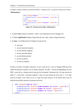 Chapitre 2 : Construction des dictionnaires
22
La figure ci-dessus montre un extrait du fichier « traduction.xml » qui décrit la structure de la balise
<Dictionnaire>.
Figure 10 : Structure de la balise <Dictionnaire>
 La balise mot contient un attribut « valeur » qui représente le mot en langage sms.
 La balise signification indique l’équivalent de mot « bnjr » dans la langue française.
 Le type : cet attribut permet d’indiquer le type de mot
0 : sans type
1 : un mot masculin singulier.
2 : un mot féminin singulier.
3 : un mot masculin pluriel.
4 : un mot féminin pluriel.
5 : un mot au pluriel.
6 : un mot au singulier.
Comme le montre l’exemple ci-dessous, le mot « pom de ter » saisi en langage SMS peut être
traduit de plusieurs manières vers la langue française. En effet, l’accord orthographique du mot
SMS « pom de ter » change selon le type qui lui correspond. Autrement dit, si le type associé est
égale à 1, c'est-à-dire « masculin singulier » donc on aura pomme de terre sans ‘s’. si le type
associé est égale à zéro. Dans ce cas, il s’agit d’un type inconnu, on lui affecte donc tous les
traductions possibles (pomme ou pommes de terre).
 