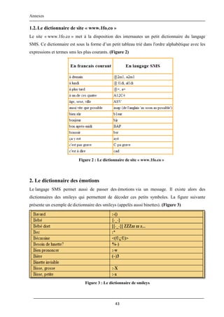 Annexes
43
1.2.Le dictionnaire de site « www.1fo.co »
Le site « www.1fo.co » met à la disposition des internautes un petit dictionnaire du langage
SMS. Ce dictionnaire est sous la forme d’un petit tableau trié dans l'ordre alphabétique avec les
expressions et termes sms les plus courants. (Figure 2)
Figure 2 : Le dictionnaire de site « www.1fo.co »
2. Le dictionnaire des émotions
Le langage SMS permet aussi de passer des émotions via un message. Il existe alors des
dictionnaires des smileys qui permettent de décoder ces petits symboles. La figure suivante
présente un exemple de dictionnaire des smileys (appelés aussi binettes). (Figure 3)
Figure 3 : Le dictionnaire de smileys
 