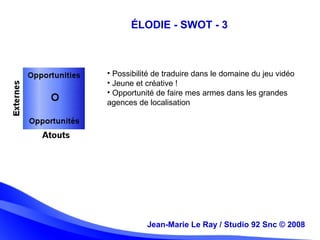Jean-Marie Le Ray / Studio 92 Snc (c) 2008 12
• Possibilité de traduire dans le domaine du jeu vidéo
• Jeune et créative !
• Opportunité de faire mes armes dans les grandes
agences de localisation
Jean-Marie Le Ray / Studio 92 Snc © 2008
ÉLODIE - SWOT - 3
 