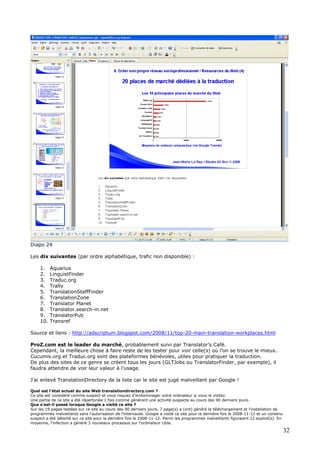 Diapo 24
Les dix suivantes (par ordre alphabétique, trafic non disponible) :
1. Aquarius
2. LinguistFinder
3. Traduc.org
4. Trally
5. TranslationStaffFinder
6. TranslationZone
7. Translator Planet
8. Translator.search-in.net
9. TranslatorPub
10. Transref
Source et liens : http://adscriptum.blogspot.com/2008/11/top-20-main-translation-workplaces.html
ProZ.com est le leader du marché, probablement suivi par Translator’s Café.
Cependant, la meilleure chose à faire reste de les tester pour voir celle(s) où l’on se trouve le mieux.
Cucumis.org et Traduc.org sont des plateformes bénévoles, utiles pour pratiquer la traduction.
De plus des sites de ce genre se créent tous les jours (GLTJobs ou TranslatorFinder, par exemple), il
faudra attendre de voir leur valeur à l’usage.
J’ai enlevé TranslationDirectory de la liste car le site est jugé malveillant par Google !
Quel est l'état actuel du site Web translationdirectory.com ?
Ce site est considéré comme suspect et vous risquez d'endommager votre ordinateur si vous le visitez.
Une partie de ce site a été répertoriée 1 fois comme générant une activité suspecte au cours des 90 derniers jours.
Que s'est-il passé lorsque Google a visité ce site ?
Sur les 19 pages testées sur ce site au cours des 90 derniers jours, 7 page(s) a (ont) généré le téléchargement et l'installation de
programmes malveillants sans l'autorisation de l'internaute. Google a visité ce site pour la dernière fois le 2008-11-12 et un contenu
suspect a été détecté sur ce site pour la dernière fois le 2008-11-12. Parmi les programmes malveillants figuraient 12 exploit(s). En
moyenne, l'infection a généré 3 nouveaux processus sur l'ordinateur cible.
32
 
