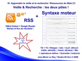 Jean-Marie Le Ray / Studio 92 Snc (c) 2008 27Jean-Marie Le Ray / Studio 92 Snc © 2008
IV. Apprendre la veille et la recherche / Ressources du Web (7)
Veille & Recherche : les deux pôles !
Syntaxe moteur
GMail (listes) + Google Reader
Alertes et flux de résultats !
TS + TC / filetype: / site: / inurl: allinurl:
intitle: allintitle: / intext: allintext: / Mix
RSS
+
+ opérateurs define: / (translate / traduire)
 