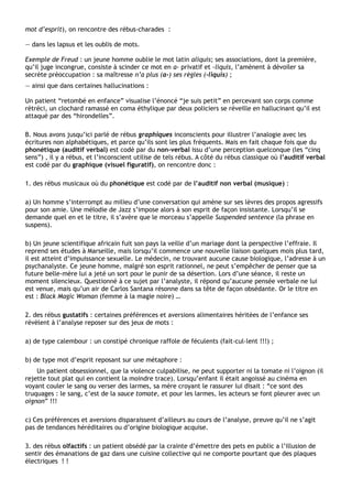 mot d’esprit), on rencontre des rébus-charades :

— dans les lapsus et les oublis de mots.

Exemple de Freud : un jeune homme oublie le mot latin aliquis; ses associations, dont la première,
qu’il juge incongrue, consiste à scinder ce mot en a- privatif et -liquis, l’amènent à dévoiler sa
secrète préoccupation : sa maîtresse n’a plus (a-) ses règles (-liquis) ;
— ainsi que dans certaines hallucinations :

Un patient “retombé en enfance” visualise l’énoncé “je suis petit” en percevant son corps comme
rétréci, un clochard ramassé en coma éthylique par deux policiers se réveille en hallucinant qu’il est
attaqué par des “hirondelles”.

B. Nous avons jusqu’ici parlé de rébus graphiques inconscients pour illustrer l’analogie avec les
écritures non alphabétiques, et parce qu’ils sont les plus fréquents. Mais en fait chaque fois que du
phonétique (auditif verbal) est codé par du non-verbal issu d’une perception quelconque (les “cinq
sens”) , il y a rébus, et l’inconscient utilise de tels rébus. A côté du rébus classique où l’auditif verbal
est codé par du graphique (visuel figuratif), on rencontre donc :

1. des rébus musicaux où du phonétique est codé par de l’auditif non verbal (musique) :

a) Un homme s’interrompt au milieu d’une conversation qui amène sur ses lèvres des propos agressifs
pour son amie. Une mélodie de Jazz s’impose alors à son esprit de façon insistante. Lorsqu’il se
demande quel en et le titre, il s’avère que le morceau s’appelle Suspended sentence (la phrase en
suspens).

b) Un jeune scientifique africain fuit son pays la veille d’un mariage dont la perspective l’effraie. Il
reprend ses études à Marseille, mais lorsqu’il commence une nouvelle liaison quelques mois plus tard,
il est atteint d’impuissance sexuelle. Le médecin, ne trouvant aucune cause biologique, l’adresse à un
psychanalyste. Ce jeune homme, malgré son esprit rationnel, ne peut s’empêcher de penser que sa
future belle-mère lui a jeté un sort pour le punir de sa désertion. Lors d’une séance, il reste un
moment silencieux. Questionné à ce sujet par l’analyste, il répond qu’aucune pensée verbale ne lui
est venue, mais qu’un air de Carlos Santana résonne dans sa tête de façon obsédante. Or le titre en
est : Black Magic Woman (femme à la magie noire) …

2. des rébus gustatifs : certaines préférences et aversions alimentaires héritées de l’enfance ses
révèlent à l’analyse reposer sur des jeux de mots :

a) de type calembour : un constipé chronique raffole de féculents (fait-cul-lent !!!) ;

b) de type mot d’esprit reposant sur une métaphore :
    Un patient obsessionnel, que la violence culpabilise, ne peut supporter ni la tomate ni l’oignon (il
rejette tout plat qui en contient la moindre trace). Lorsqu’enfant il était angoissé au cinéma en
voyant couler le sang ou verser des larmes, sa mère croyant le rassurer lui disait : “ce sont des
truquages : le sang, c’est de la sauce tomate, et pour les larmes, les acteurs se font pleurer avec un
oignon” !!!

c) Ces préférences et aversions disparaissent d’ailleurs au cours de l’analyse, preuve qu’il ne s’agit
pas de tendances héréditaires ou d’origine biologique acquise.

3. des rébus olfactifs : un patient obsédé par la crainte d’émettre des pets en public a l’illusion de
sentir des émanations de gaz dans une cuisine collective qui ne comporte pourtant que des plaques
électriques ! !
 
