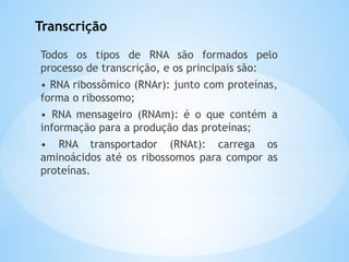 Transcrição
Todos os tipos de RNA são formados pelo
processo de transcrição, e os principais são:
• RNA ribossômico (RNAr): junto com proteínas,
forma o ribossomo;
• RNA mensageiro (RNAm): é o que contém a
informação para a produção das proteínas;
• RNA transportador (RNAt): carrega os
aminoácidos até os ribossomos para compor as
proteínas.
 