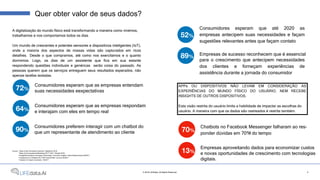 A digitalização do mundo físico está transformando a maneira como vivemos,
trabalhamos e nos comportamos todos os dias.
Um mundo de crescentes e potentes sensores e dispositivos inteligentes (IoT),
onde a maioria dos aspectos de nossas vidas são capturados em ricos
detalhes. Desde o que compramos, até como nos exercitamos e o quanto
dormimos. Logo, os dias de um assistente que fica em sua estante
respondendo questões individuais e genéricas serão coisa do passado. As
pessoas querem que os serviços entreguem seus resultados esperados, não
apenas tarefas isoladas.
Quer obter valor de seus dados?
2© 2018 LIFEdata. All Rights Reserved.
APPs OU DISPOSITIVOS NÃO LEVAM EM CONSIDERAÇÃO AS
EXPERIÊNCIAS DO MUNDO FÍSICO DO USUÁRIO, NEM RECEBE
INSIGHTS DE OUTROS DISPOSITIVOS.
Esta visão restrita do usuário limita a habilidade de impactar as escolhas do
usuário. A maneira com que os dados são rastreados é restrita também.
suas necessidades eexpectativas72%
Consumidores esperam que as empresas entendam
52%
Consumidores esperam que até 2020 as
empresas antecipem suas necessidades e façam
sugestões relevantes antes que façam contato
89%
Empresas de sucesso reconhecem que é essencial
para o crescimento que antecipem necessidades
dos clientes e forneçam experiências de
assistência durante a jornada do consumidor
Source: 1 State of the Connected Customer, Salesforce 2016
2 State of Conversational Marketing 2017” Drift + Clearbit 2018
3 Google/Econsultancy Emerging Technology, Consumer Insights, Data & Measurement 09/2017
4 Facebook Inc’s Chatbots Hit a 70% Failure Rate” Leo Sun 02/2017
5 Industry X.0 report, Accenture, 10/2017
e interajam com eles em tempo real64%
Consumidores esperam que as empresas respondam
que um representante de atendimento ao cliente90%
Consumidores preferem interagir com um chatbot do
ponder dúvidas em 70% do tempo
70%
Chatbots no Facebook
4
Messenger falharam ao res-
e novas oportunidades de crescimento com tecnologias
digitais.
13%
Empresas aproveitando dados para economizar custos
 