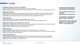 PROVEDOR DE SERVIÇO DE SAÚDE AO CONSUMIDOR
Solução: Integração de chatbot de nutrição personalizada para usuários de diabetes T1
Objetivo: envolver os usuários e coletar feedback biométrico e experiência do usuário, juntamente com os níveis de glicose no sangue
EMPRESA DE ALIMENTOS
Solução: Desenvolver uma proposta de nutrição personalizada com base nas recomendações e produtos de pesquisa da empresa
Objetivo: gerenciar o CRM multicanal, melhorar o ROI de marketing do patrocínio, envolver os usuários por meio de conteúdo
personalizado sobre alimentação inteligente e saudável, obter insights sobre as preferências dos clientes
COMPANHIA AÉREA
Solução: Bem-estar corporativo e assistente digital de gestão de saúde executiva
Objetivo: Otimizar atitudes e desempenho, medir fadiga relacionada ao risco, estresse e motivação para tarefas
EMPRESA DE SUPLEMENTAÇÃO FARMACÊUTICA E DIETÉTICA
Solução: Etapa 1 - Integração de nutrição personalizada com pacotes de suplementos personalizados; Etapa 2 - Integração do chatbot
orientado a sintomas para desenvolver o envolvimento remoto de vendas e HCP
Objetivo: envolver os clientes e impulsionar o aumento das vendas
EMPRESA DE FMCG
Solução: Integração de experiência digital personalizada para nutrir um alvo específico para o comércio móvel
Objetivo: Direcionar o consumidor afluente a fazer o pedido com ROI relevante e desenvolver um caso de uso orientado por dados para
acessar um novo mercado e negociar distribuidores
COMPANHIA FARMACÊUTICA
Solução: Integração da terapêutica digital e gestão do estilo de vida comportamental para pacientes com doença imunológica
Objetivo: gerenciar a conformidade com medicamentos, obter insights mais personalizados - para pesquisa e desenvolvimento e
marketing - e envolver os usuários com um assistente digital
Tração
8© 2018 LIFEdata. All Rights Reserved.
VÁRIOS PILOTOS COMPLETOS
COM GRANDES CORPORAÇÕES
Vários projetos atualmente em
discussão
Projetos-piloto em negociação
PLATAFORMA DE TECNOLOGIA
PRONTA PARA O MERCADO
SELECIONADO PARA O CUBE TECH
BERLIN 18 por “Digital/Physical
World” e “Automation & AI”
 