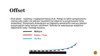  Druk płaski – najtańszy i najpopularniejszy druk. Polega na takim spreparowaniu
matrycy aby części nie pokryte rysunkiem był odporne na przyjmowanie farby
drukarskiej. Elementami drukującymi są fragmenty powierzchni matrycy pokryte
przyjmującym farbę falistym rysunkiem. Technika ta wykorzystuje wzajemne
odpychanie wody i tłustego tłuszczu.
Matryca
Farba + Tusz
Kartka
 